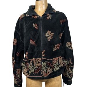 Vintage Black Fleece Leaf Print Full Zip Jacket Earthy Gorp Floral XL Novelty